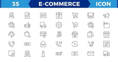 e-handel uppsättning av webb ikoner i linje stil. .uppkopplad handla ikoner för webb och mobil app. .företag, Bank kort, .gåvor, försäljning, leverans vektor
