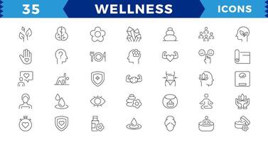 pixel perfekt wellness ikon uppsättning. som innehåller massage, yoga, avslappning, sjukvård, kosmetika, spa, medicinsk. översikt ikon samling. meditation, aromaterapi, redigerbar stroke ikoner. vektor