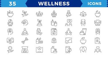 Pixel perfekt Wellness Symbol Satz. enthält Massage, Yoga, Entspannung, Gesundheitspflege, Kosmetika, Spa, medizinisch. Gliederung Symbol Sammlung. Meditation, Aromatherapie, editierbar Schlaganfall Symbole. vektor