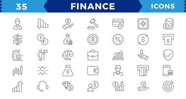 Pixel perfekt Finanzen Linie Symbole Satz. Geld Zahlungen Elemente Gliederung Symbole Sammlung. Währung, Geld, Bank, Kryptowährung, überprüfen, Geldbörse, Schweinchen, Balance, editierbar Schlaganfall. vektor