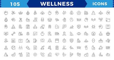 Pixel perfekt Wellness Symbol Satz. enthält Massage, Yoga, Entspannung, Gesundheitspflege, Kosmetika, Spa, medizinisch. Meditation, Aromatherapie, solide Symbol Sammlung. editierbar Schlaganfall Symbole. vektor