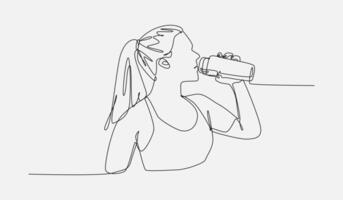 Frau Trinken Wasser im Flasche nach trainieren, Fitnessstudio. kontinuierlich einer Linie Zeichnung Stil. editierbar Schlaganfall. Grafik Illustration. vektor