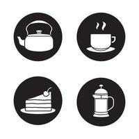 te och kaffe ikoner set. vattenkokare, ångande kopp på tallrik, chokladkaka, fransk press. vektor vita silhuetter illustrationer i svarta cirklar
