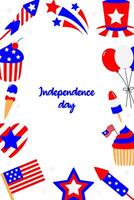 4 .. von Juli USA Unabhängigkeit Tag Karte. Niedlich, einfach, Hand gezeichnet eben Karikatur Stil. Grafik im amerikanisch Flagge. vektor