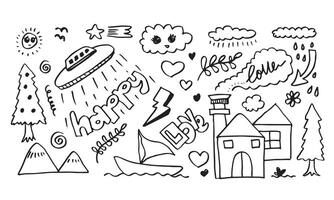 handgezeichnetes süßes gekritzelset auf weißem hintergrund. doodle design elements.doodle kinder für dekoration und farbseite. vektor