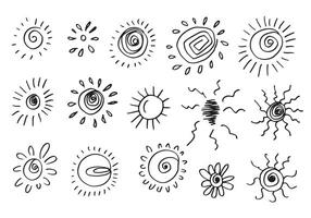 komisch Gekritzel Sonnen. Hand gezeichnet einstellen isoliert auf Weiß Hintergrund. vektor