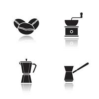 Kaffeezubereitungsgeräte. Schlagschatten schwarze Symbole gesetzt. Mokkakanne, klassische Kaffeemaschine, türkische Cezve, Mühle und Bohnen. isolierte vektorillustrationen vektor