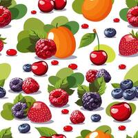nahtlos Muster mit Früchte, Beeren und Grün Blätter. isoliert Illustration auf Weiß Hintergrund. Sommer- Obst Design zum Stoff, Textilien, Bett Leinen, Kinder- Kleidung, Scrapbooking vektor