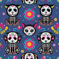 süß Karikatur Hund und Katze hell nahtlos Muster. Skelett Katzen, Hund und Blumen. Muertos Muster mit Schädel. Mexiko Tag tot Urlaub vektor