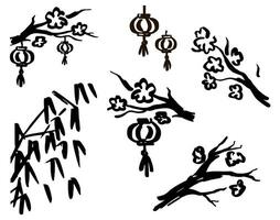 Chinesisch Laternen hängen auf Kirsche Baum. japanisch Papier Beleuchtung skizzieren japanisch Illustration Tinte Design Elemente vektor