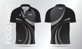 schwarz Polo Jersey Hemd Attrappe, Lehrmodell, Simulation Vorlage Design zum Badminton, Tennis, Fußball, Fußball oder Sport Uniform im Vorderseite Aussicht und zurück Sicht. vektor