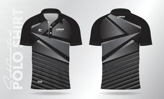 schwarz Polo Jersey Hemd Attrappe, Lehrmodell, Simulation Vorlage Design zum Badminton, Tennis, Fußball, Fußball oder Sport Uniform im Vorderseite Aussicht und zurück Sicht. vektor