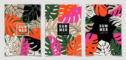 tropiker mall uppsättning för affisch, omslag, kort, märka, baner i modern minimalistisk stil och enkel sommar design mallar med tropisk löv, blomma. vektor