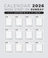 kalender 2026 tom mall rena och minimal design storlek brev, vecka Start på söndag vektor