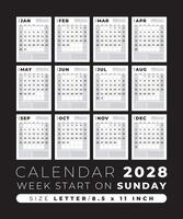 Kalender 2028 leer Vorlage sauber und minimal Design Größe Brief, Woche Start auf Sonntag vektor