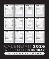 Kalender 2026 leer Vorlage sauber und minimal Design Größe Brief, Woche Start auf Sonntag vektor