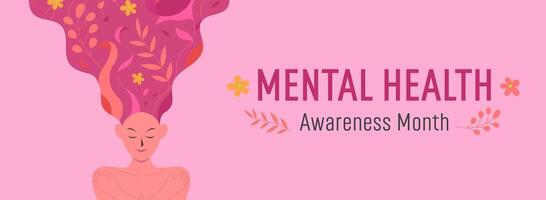 mental hälsa medvetenhet månad baner. positiv mental hälsa baner, kvinna trodde, skön blommor i hjärna, friska huvud koppla av omslag, platt illustration. vektor