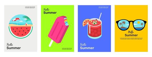 einstellen von Sommer- Poster Sammlung. kreativ Konzept von Sommer- Party, Strand, Ferien und Reise. Jahreszeit Veranstaltung Einladung, Abdeckung, Werbung, Flyer, Banner. Illustration im minimalistisch Stil. vektor