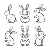 söt tecknad serie kaniner. rolig hårig grå harar, påsk kaniner stående, Sammanträde, löpning, Hoppar, sovande. uppsättning av platt tecknad serie illustrationer isolerat på vit bakgrund vektor