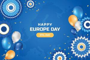 Lycklig Europa dag bakgrund. 9:e Maj. Lycklig Europa oberoende dag realistisk bakgrund med ballonger och papper rosetter vektor