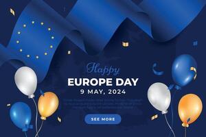 Europa dag 9:e Maj. Lycklig Europa dag blå bakgrund med Europa flagga, Karta och ballonger vektor