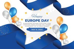 realistisk Europa dag bakgrund, 9:e Maj. Lycklig Europa oberoende dag realistisk bakgrund med Karta, ballonger och flagga vektor