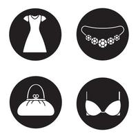 kvinnors tillbehör ikoner set. ädelstenshalsband, solklänning, handväska, bh. vektor vita silhuetter illustrationer i svarta cirklar