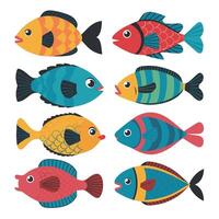 samling av hand dragen söt fiskar i platt stil. fiskar kropp ikoner stor uppsättning. illustration för ikon, logotyp, skriva ut, ikon, kort, emblem, märka. akvarium. vektor