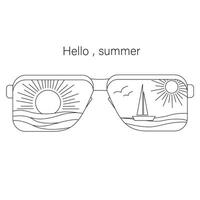 Sonnenbrille Das reflektieren das Sonne, Meer, Segelboot und Möwen. monolinear minimalistisch Illustration. Gliederung Design isoliert auf Weiß Hintergrund. vektor