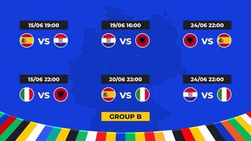 Spiel Zeitplan. Gruppe b von das europäisch Fußball Turnier im Deutschland 2024 Gruppe Bühne von europäisch Fußball Wettbewerbe im Deutschland. vektor
