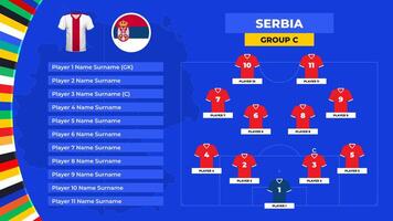 ausrichten von das Serbien National Fußball Team. T-Shirt und Flagge. Fußball Feld mit das Formation von Serbien Spieler beim das europäisch Turnier 2024. vektor