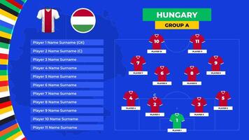 ausrichten von das Ungarn National Fußball Team. T-Shirt und Flagge. Fußball Feld mit das Formation von Ungarn Spieler beim das europäisch Turnier 2024. vektor