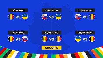 match schema. grupp e av de europeisk fotboll turnering i Tyskland 2024 grupp skede av europeisk fotboll tävlingar i Tyskland. vektor