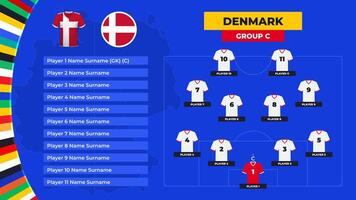 rada upp av de Danmark nationell fotboll team. t-shirt och flagga. fotboll fält med de bildning av Danmark spelare på de europeisk turnering 2024. vektor