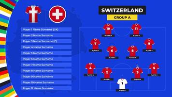 rada upp av de schweiz nationell fotboll team. t-shirt och flagga. fotboll fält med de bildning av schweiz spelare på de europeisk turnering 2024. vektor