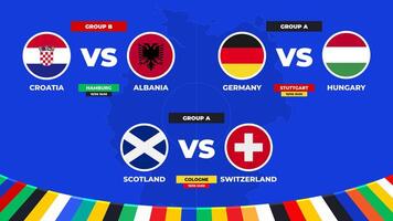 match schema. grupp en och b tändstickor av de europeisk fotboll turnering i Tyskland 2024 grupp skede av europeisk fotboll konkurrens vektor