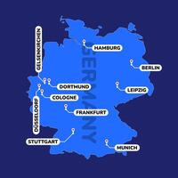 Städte von das Land Deutschland Hosting Streichhölzer von das Fußball Turnier unter europäisch National Teams Fußball Wettbewerbe Karte von Deutschland Anzeige Haupt Städte und ihr Verbindungen auf dunkel Blau. vektor