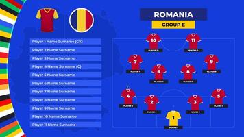 t-shirt och flagga. rada upp av de rumänien nationell fotboll team. fotboll fält med de bildning av rumänien spelare på de europeisk turnering 2024. vektor