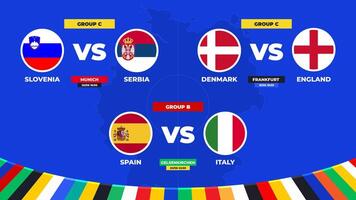 Spiel Zeitplan. Gruppe b und c Streichhölzer von das europäisch Fußball Turnier im Deutschland 2024 Gruppe Bühne von europäisch Fußball Wettbewerb Illustration. vektor