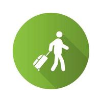 Person mit Gepäck flaches Design lange Schatten Glyphe Symbol. Tourist, Reisender. Passagier. Vektor-Silhouette-Abbildung vektor