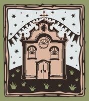 festa junina i Brasilien. cordel träsnitt stil. kyrka, starry himmel, fest flaggor och växter vektor