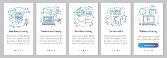 Internet-Marketing-Onboarding-Seitenbildschirm für mobile Apps mit linearen Konzepten. Social Media, Handy, Video, E-Mail, Video-Marketing-Schritte grafische Anleitung. ux, ui, gui-Vektorvorlage mit Illustrationen vektor