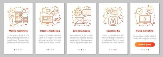 Marketing Onboarding mobiler App-Seitenbildschirm mit linearen Konzepten. Social Media, Mobile, E-Mail, Internet, Video-Werbeschritte. zielgerichtete und kontextbezogene Werbung. ux, ui, gui-Vektorillustrationen vektor