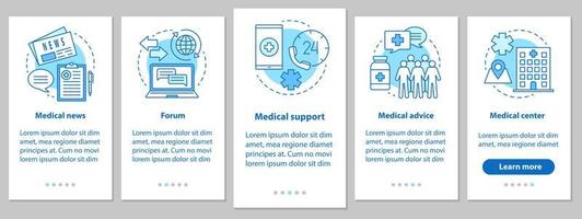 medicin och hälsovård onboarding mobil app sidskärm med linjära koncept. medicinska nyheter, forum, råd, klinik, grafiska instruktioner för stödsteg. ux, ui, gui vektormall med illustrationer vektor