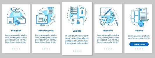 Big Data Onboarding mobiler App-Seitenbildschirm mit linearen Konzepten. Dateispeicherung, neues Dokument, ZIP-Datei, Blaupause, grafische Anweisungen für die Quittungsschritte. ux, ui, gui-Vektorvorlage mit Illustrationen vektor