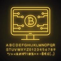 bitcoin officiella webbsida neonljusikon. glödande tecken med alfabet, siffror och symboler. gruvgård landning. blockchain-serversida. företagswebbplats för kryptovaluta. vektor isolerade illustration