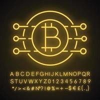 Symbol für Bitcoin-Neonlicht. virtuelle Währung. Online-Banking. Bitcoin-Zahlung. Mikrochippfade mit Münze im Inneren. leuchtendes Schild mit Alphabet, Zahlen und Symbolen. isolierte Vektorgrafik vektor