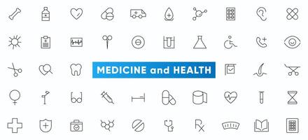medicin och hälsa vård linje ikoner uppsättning. sjukvård, medicinsk, medicin, kolla upp upp, läkare, tandvård, apotek, labb, vetenskaplig upptäckt ikoner samling. översikt ikon samling. vektor