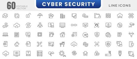Cyber Sicherheit Linie Symbole Satz. Schutz, Digital Sicherheit, Geschäft Daten Schutz, Technologie Symbol Pack. Sicherheit Systeme, Cyber Sicherheit dünn Gliederung Symbol Sammlung. vektor
