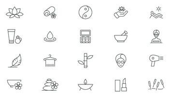 Schönheit und Spa Symbol Satz. Wellness, Spa Behandlungen, Hautpflege, Massage, hyaluronic Säure, Serum, Anti Altern, Pore spannen, Kosmetologie Linie Symbol Sammlung. Kosmetika Dienstleistungen und Spa Symbole. vektor